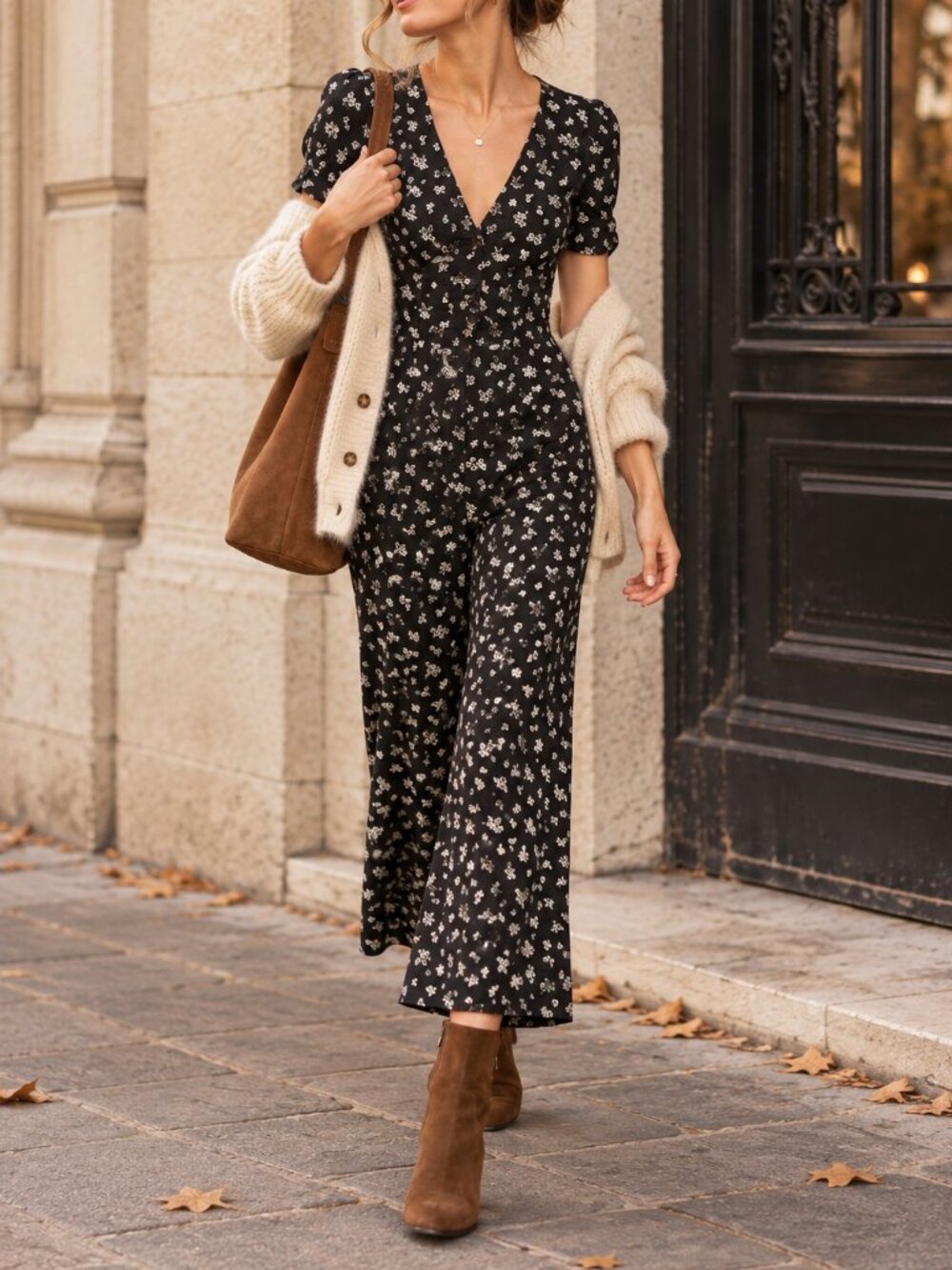 Reformation France Floral Jumpsuit Black White Wide Leg Cropped Size 4 Romantic